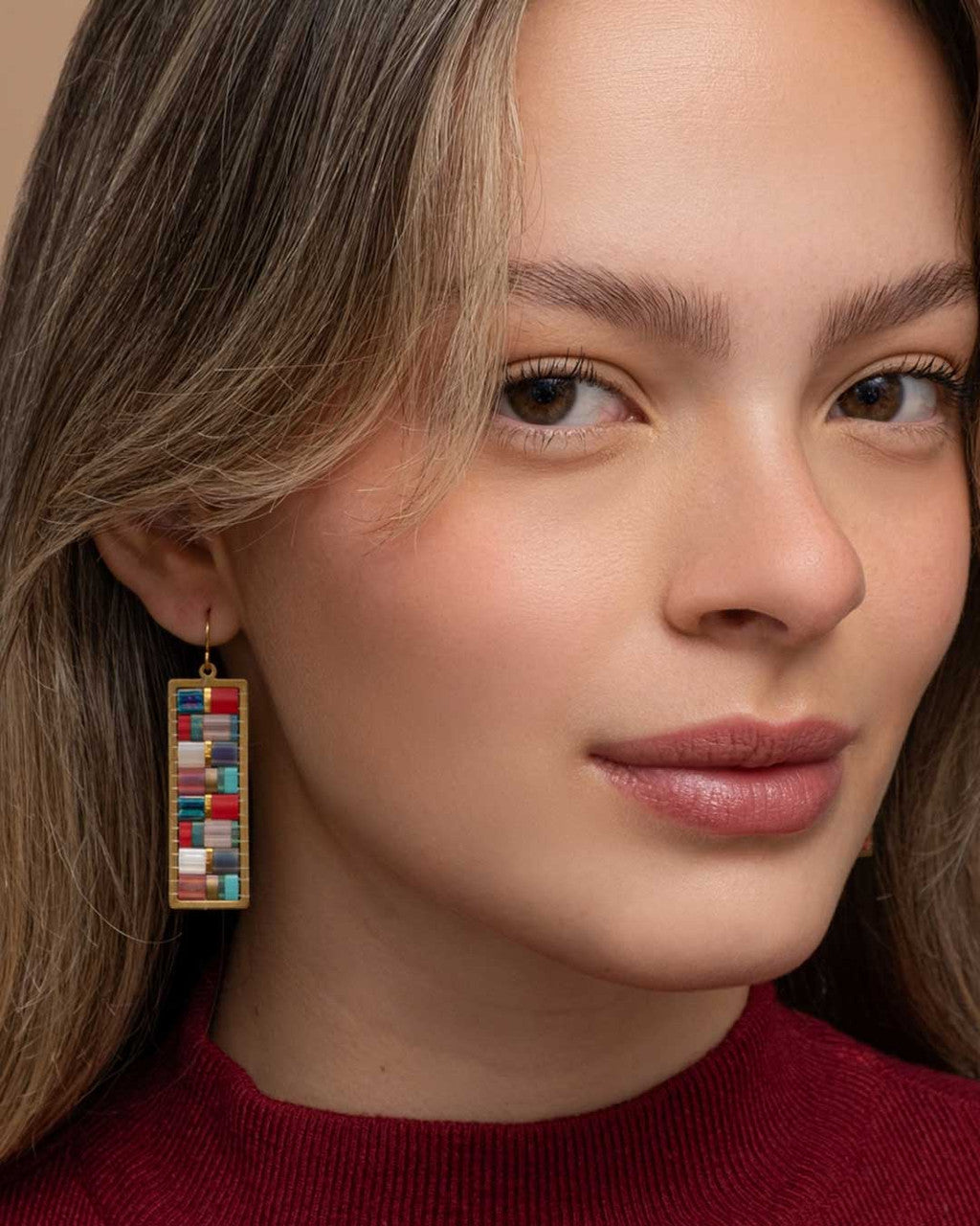 Mosaic Tila Bead Drop Earrings, Gold-Plated Brass Frame