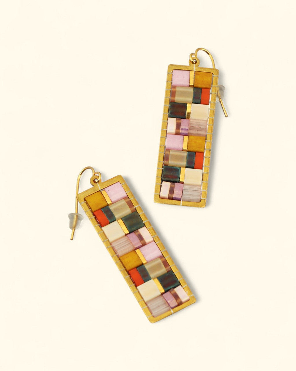 Mosaic Tila Bead Drop Earrings, Gold-Plated Brass Frame