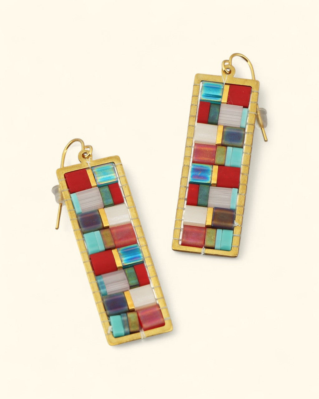 Mosaic Tila Bead Drop Earrings, Gold-Plated Brass Frame