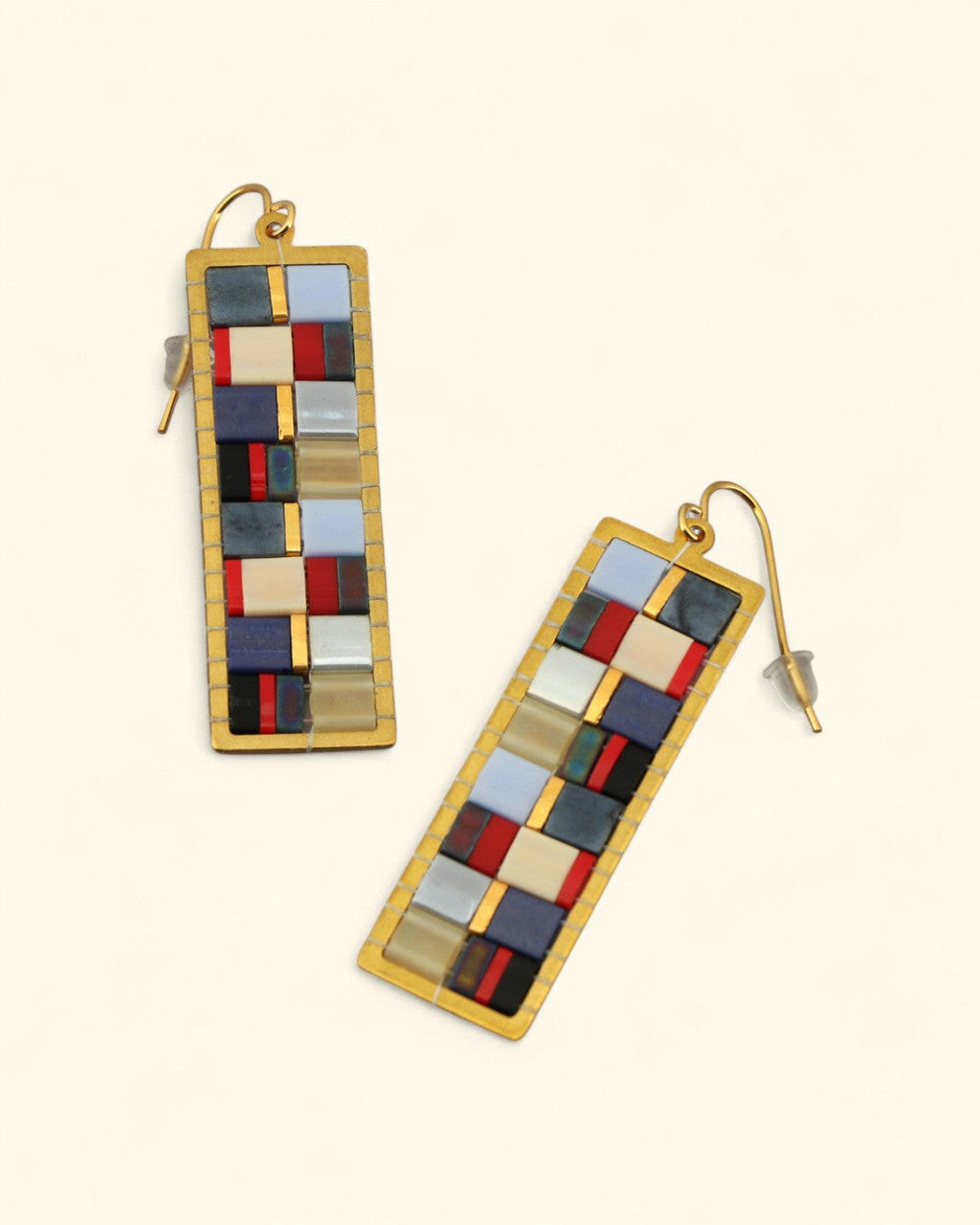 Mosaic Tila Bead Drop Earrings, Gold-Plated Brass Frame