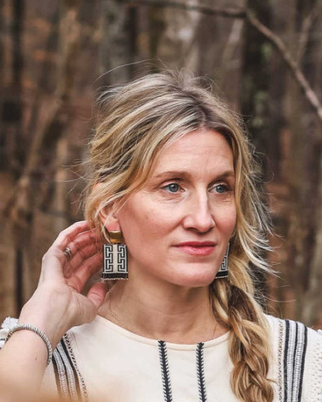 Meander Bead Drop Earrings, Black and Cream