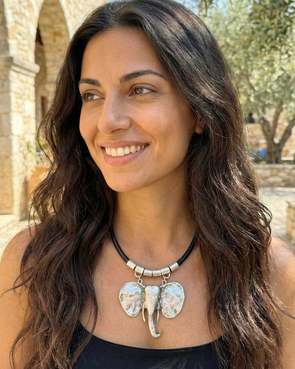 Sculptural Elephant Head Pendant on Leather Cord