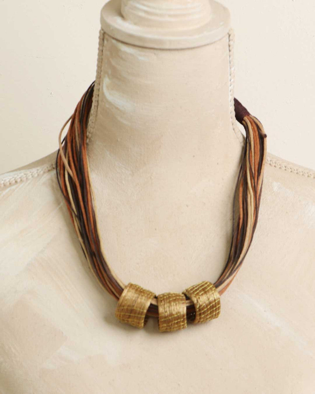 Woven Grass and Faceted Brass Modular Necklace