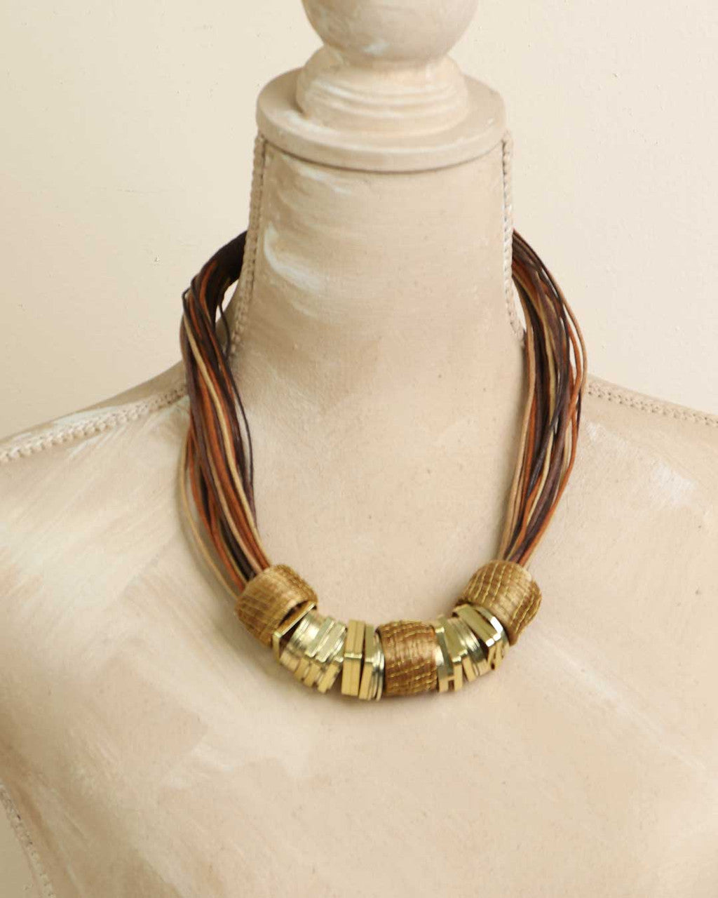 Woven Grass and Faceted Brass Modular Necklace