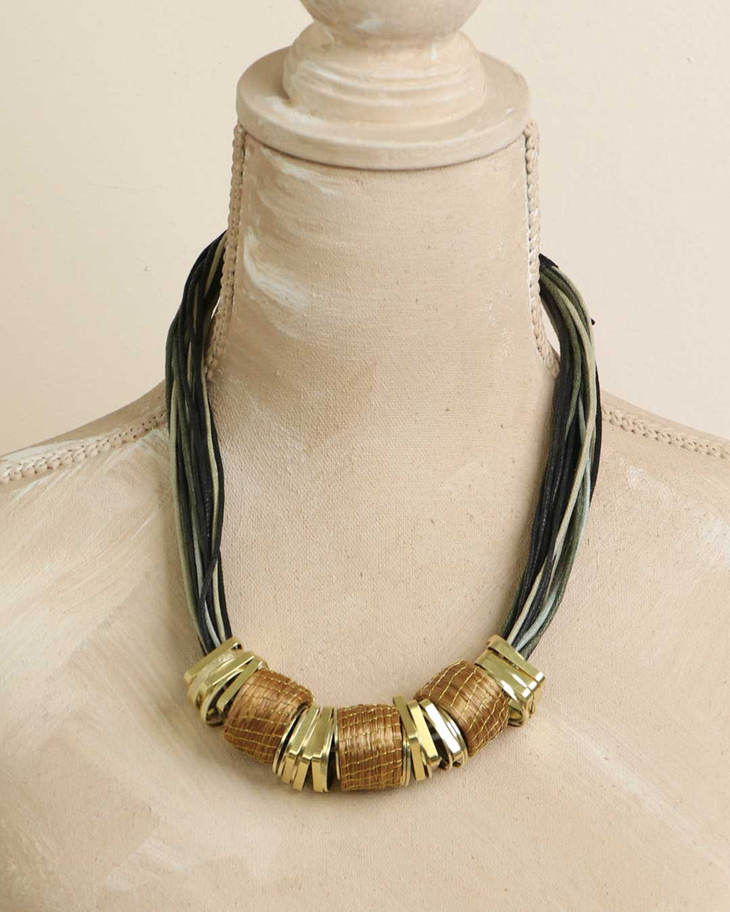 Woven Grass and Faceted Brass Modular Necklace