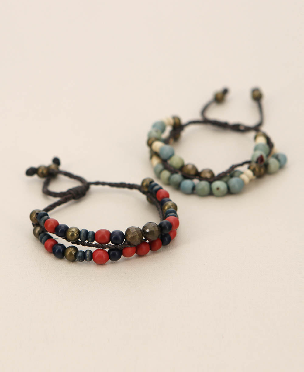 Two-Strand Beaded Cord Bracelet with Faceted Brass