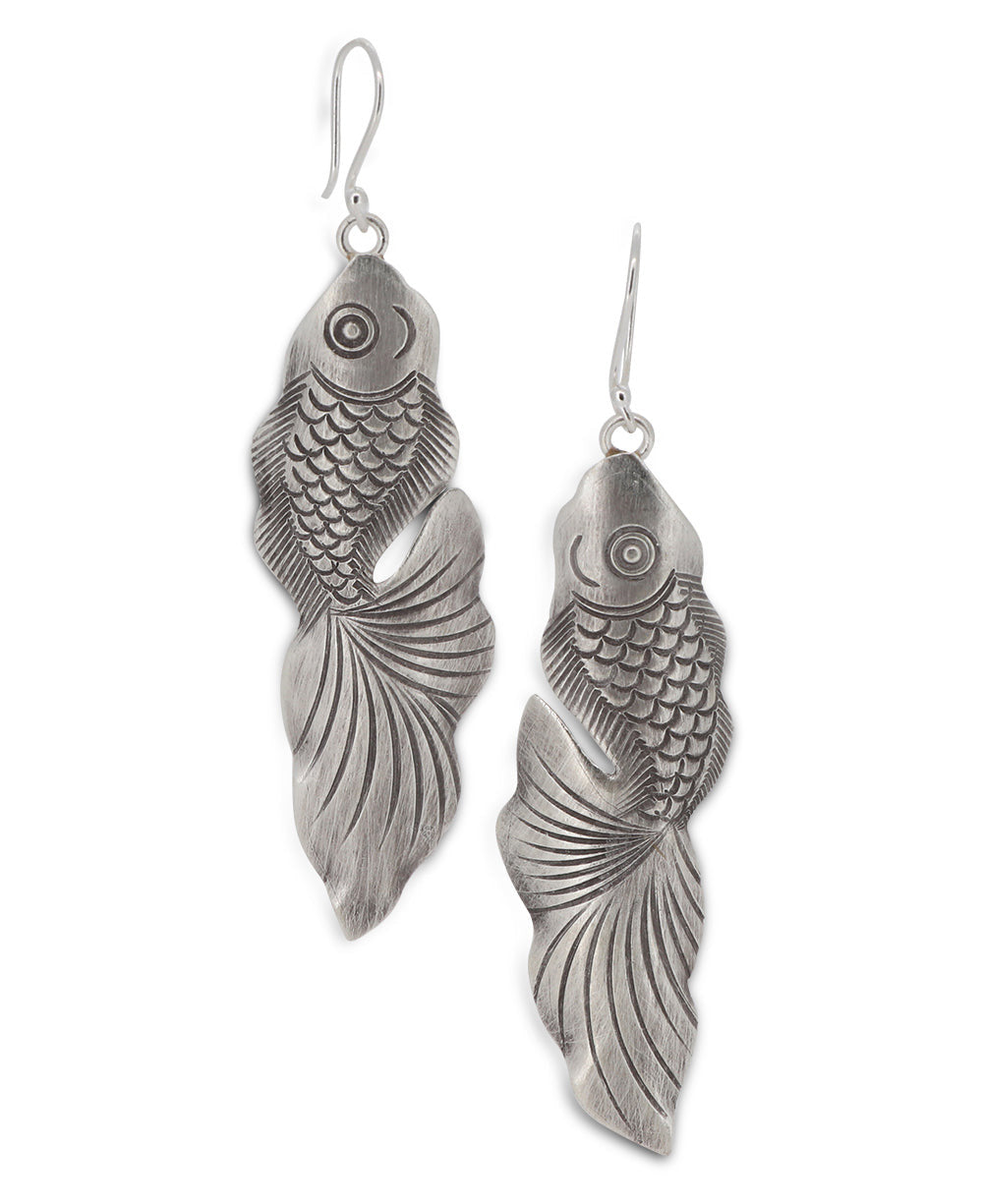Hand-Chased Silver Fish Dangle Earrings