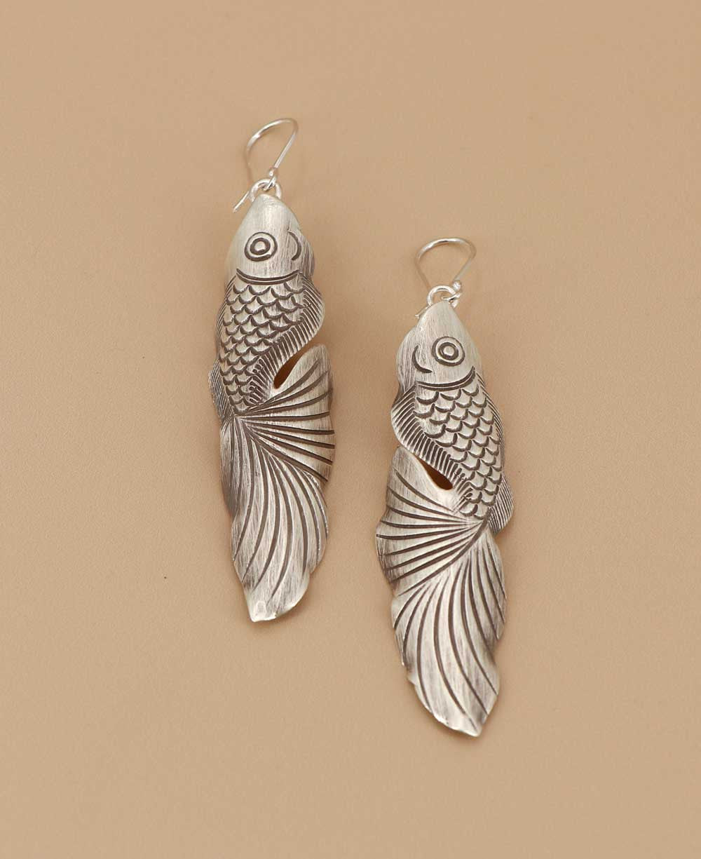 Hand-Chased Silver Fish Dangle Earrings