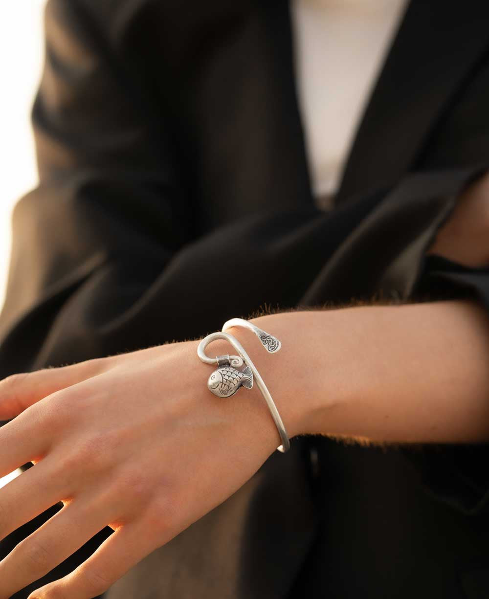 Silver Fish Charm Open Cuff Bracelet