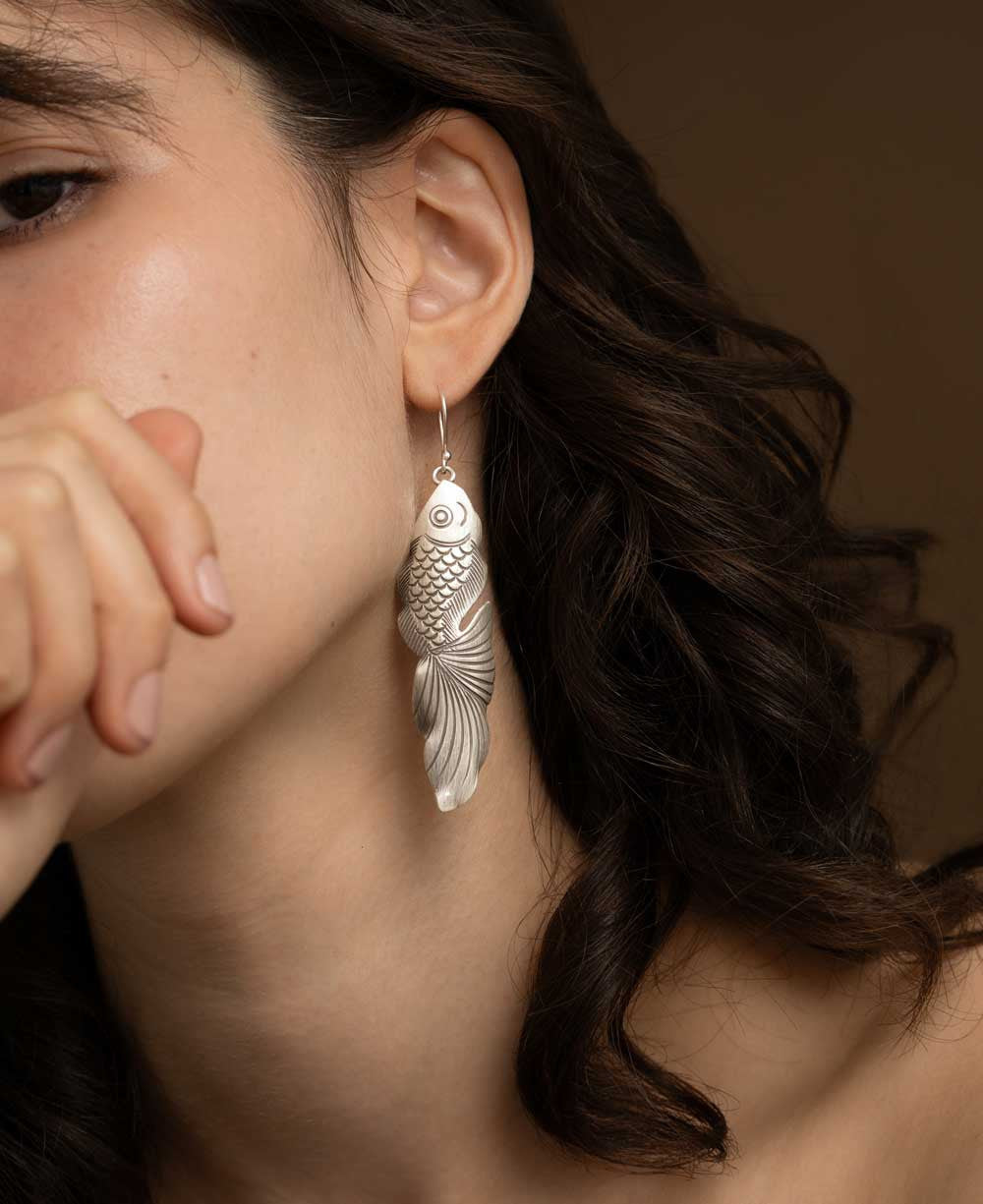 Hand-Chased Silver Fish Dangle Earrings