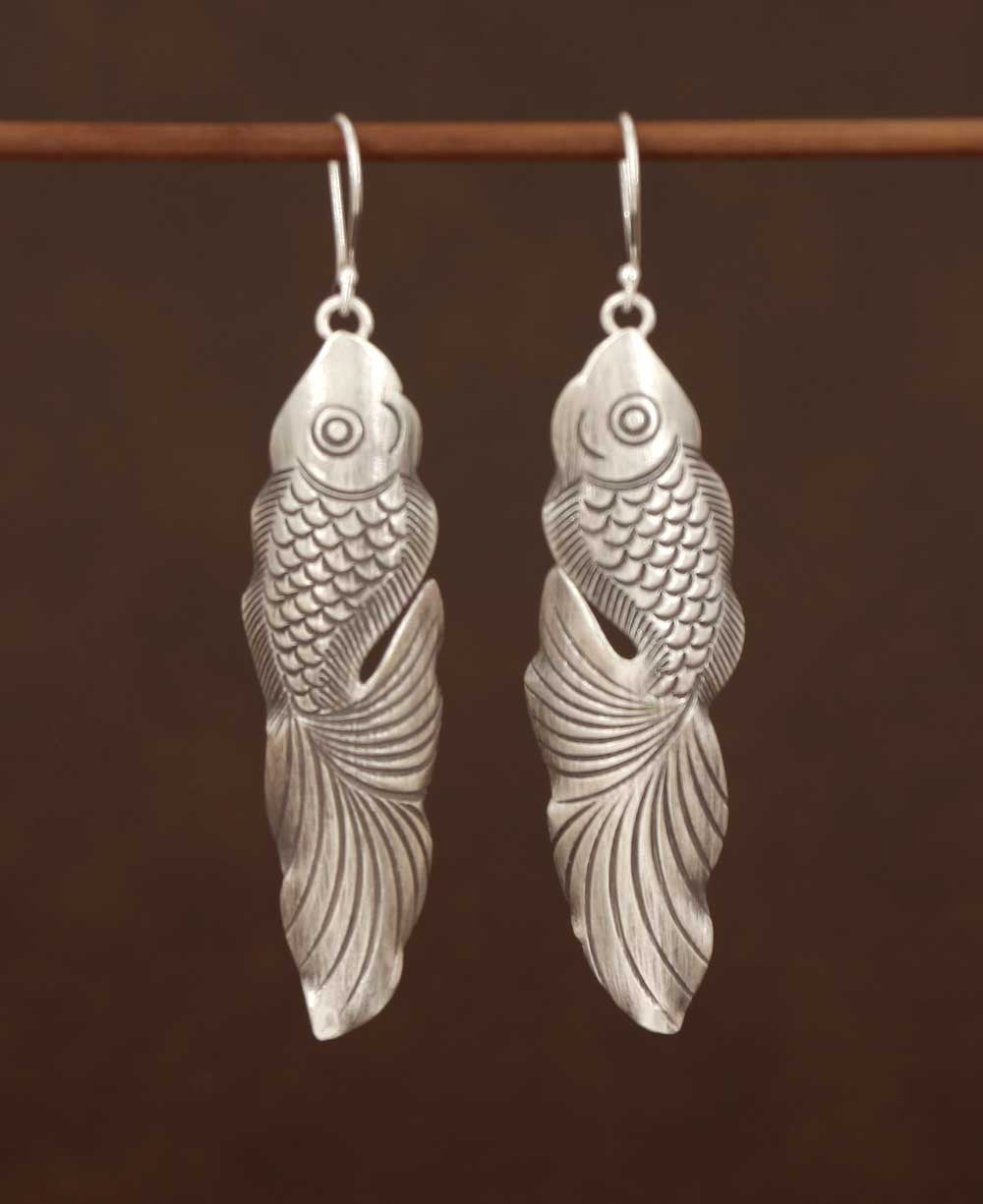 Hand-Chased Silver Fish Dangle Earrings