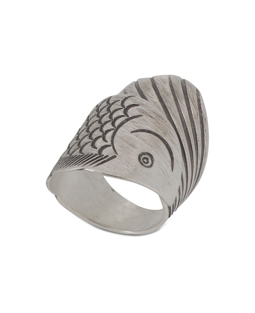 Fish-Wrap Scale-Textured Silver Band Ring