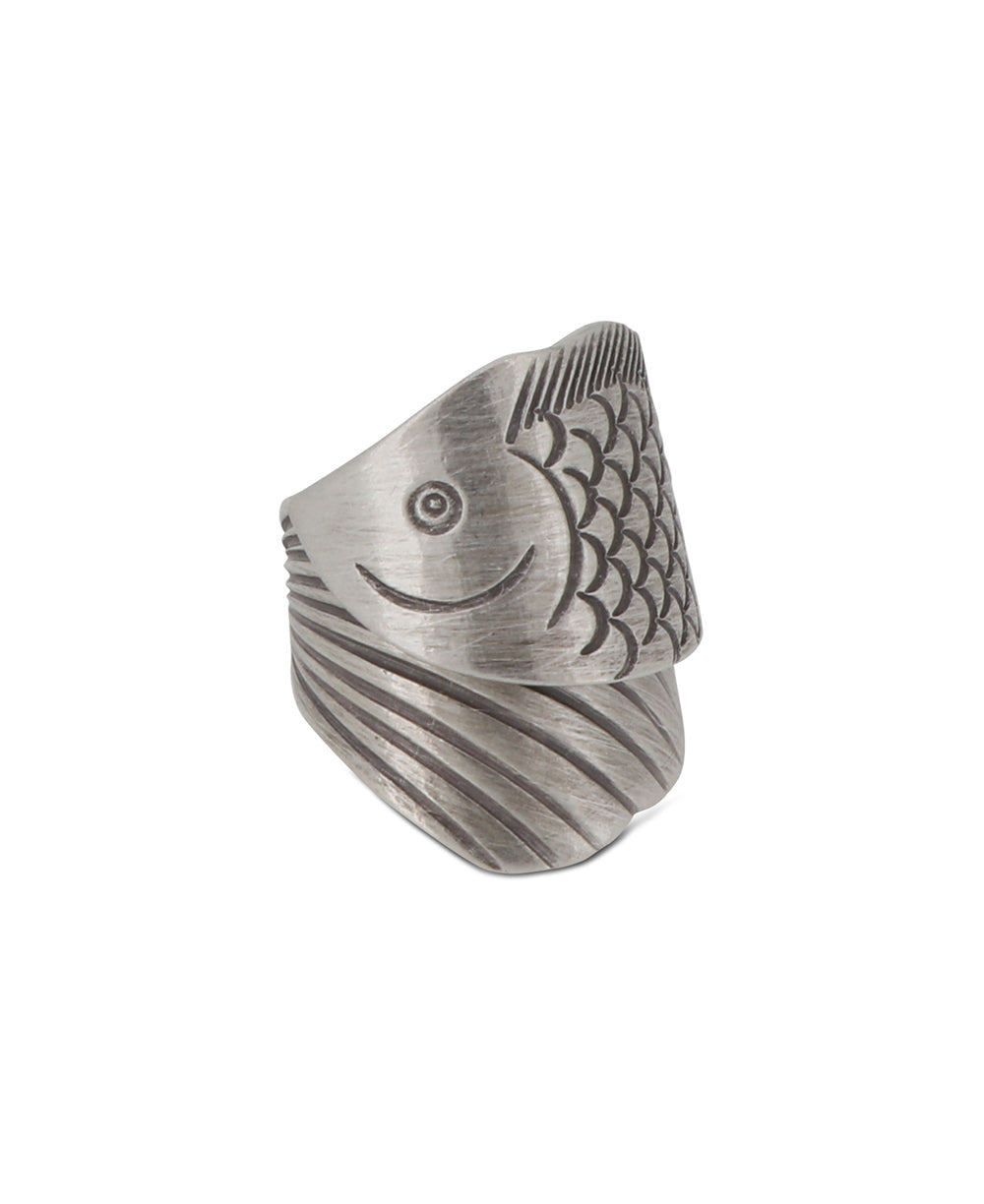 Fish-Wrap Scale-Textured Silver Band Ring