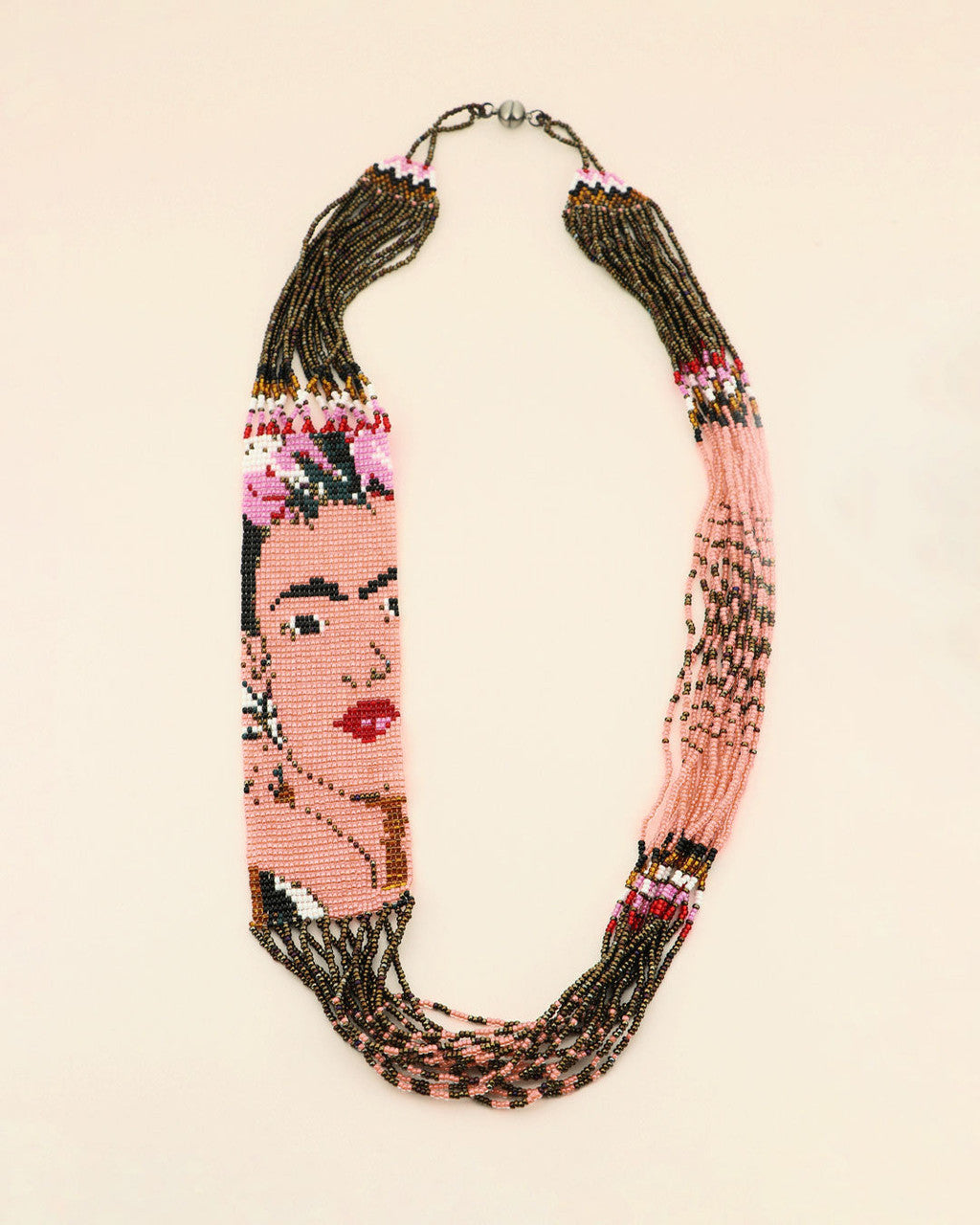 Frida Portrait Beaded Bib Necklace in Blush and Rose