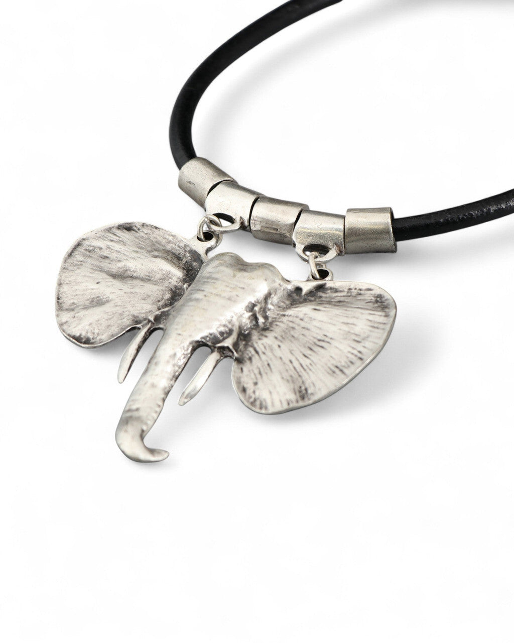 Sculptural Elephant Head Pendant on Leather Cord