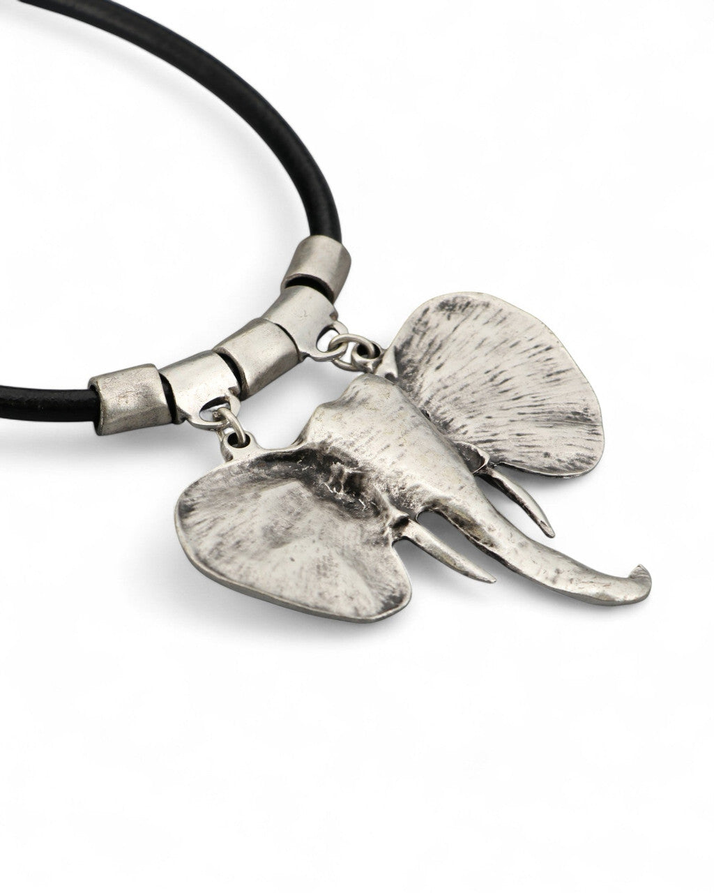 Sculptural Elephant Head Pendant on Leather Cord