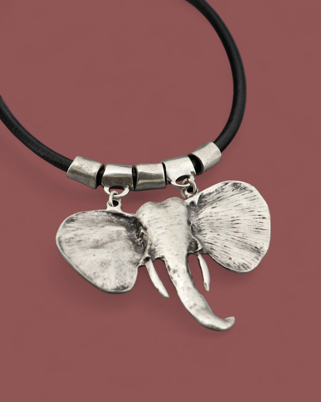 Sculptural Elephant Head Pendant on Leather Cord