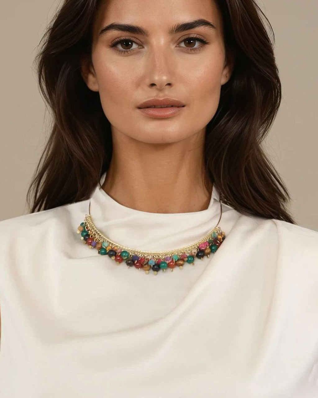 Wire Collar with Textile and Gemstone Bead Fringe