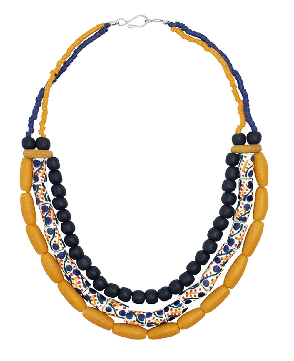 Three-Row Glass Bead Necklace in Navy, Mustard and White