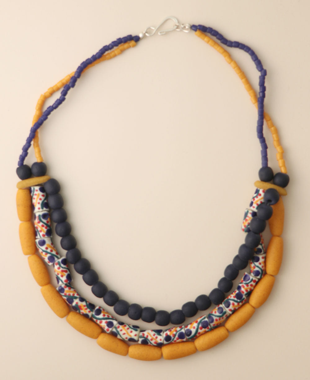 Three-Row Glass Bead Necklace in Navy, Mustard and White