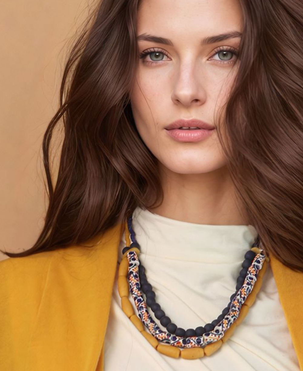 Three-Row Glass Bead Necklace in Navy, Mustard and White