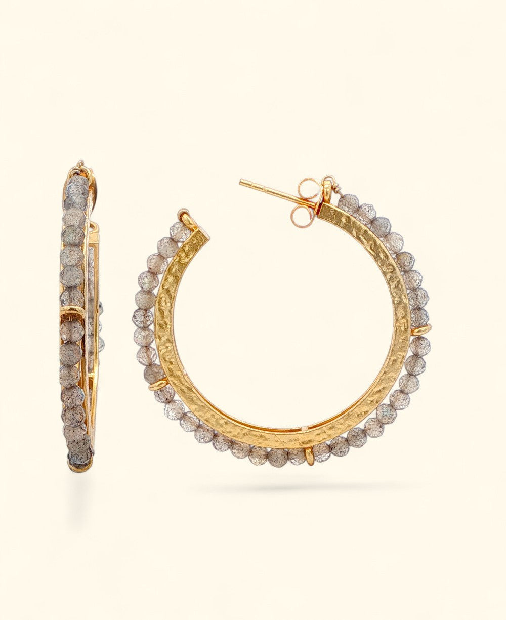 Labradorite Beaded Gold Hoop Earrings