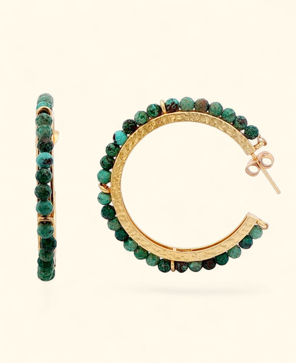 Turquoise Beaded Gold Hoops