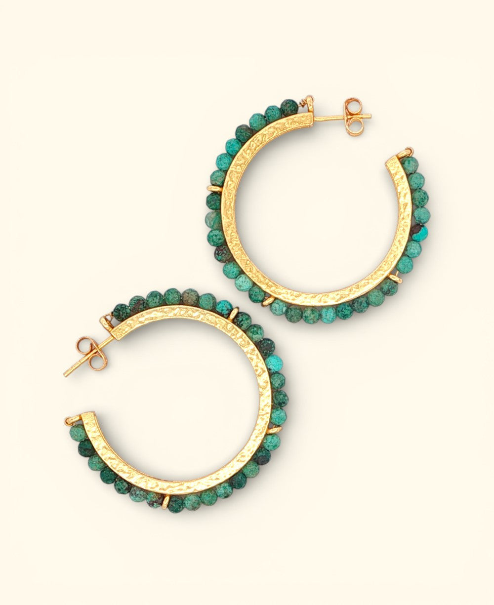 Turquoise Beaded Gold Hoops
