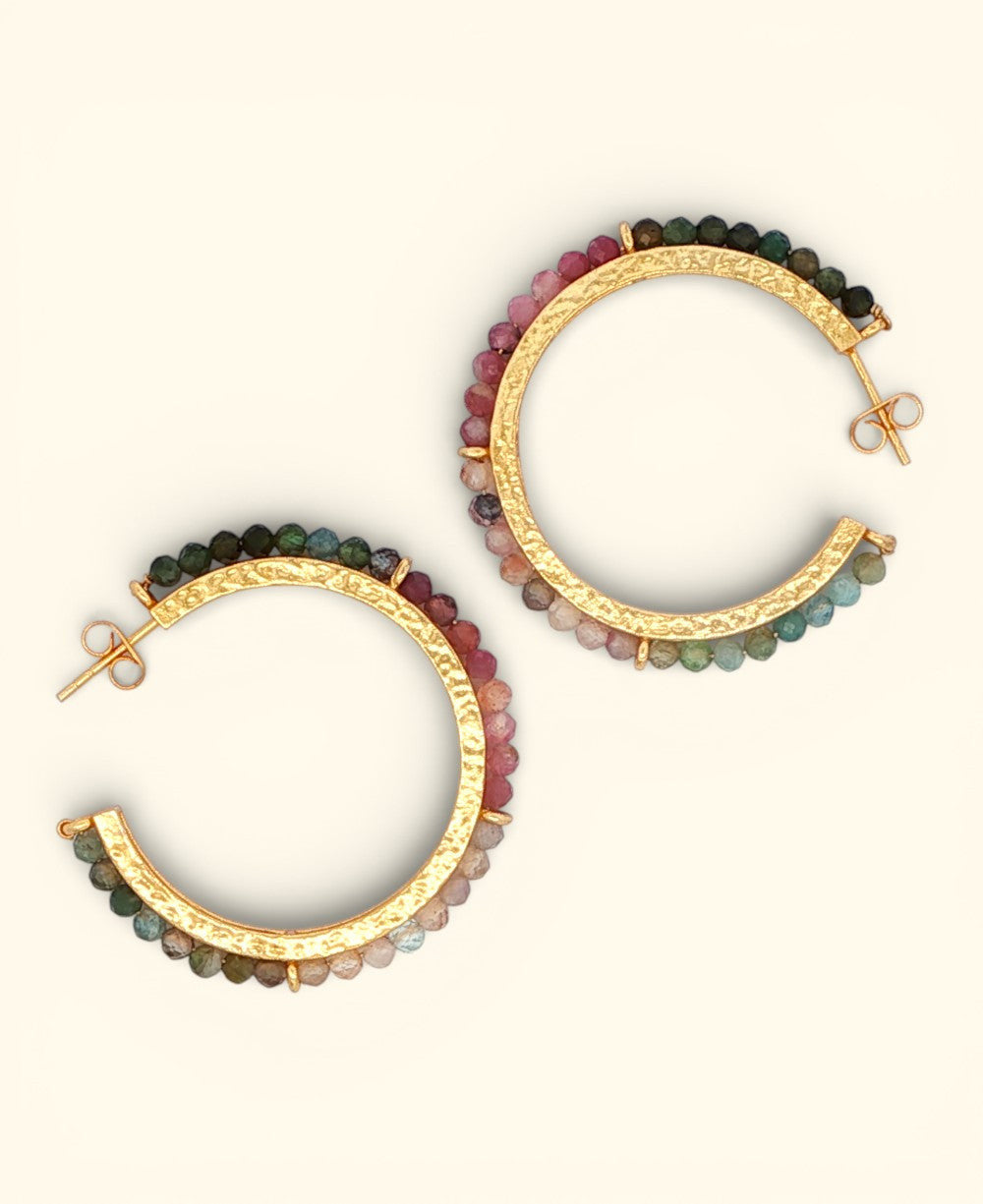 Tourmaline Gradient Hammered Gold Hoop Earrings