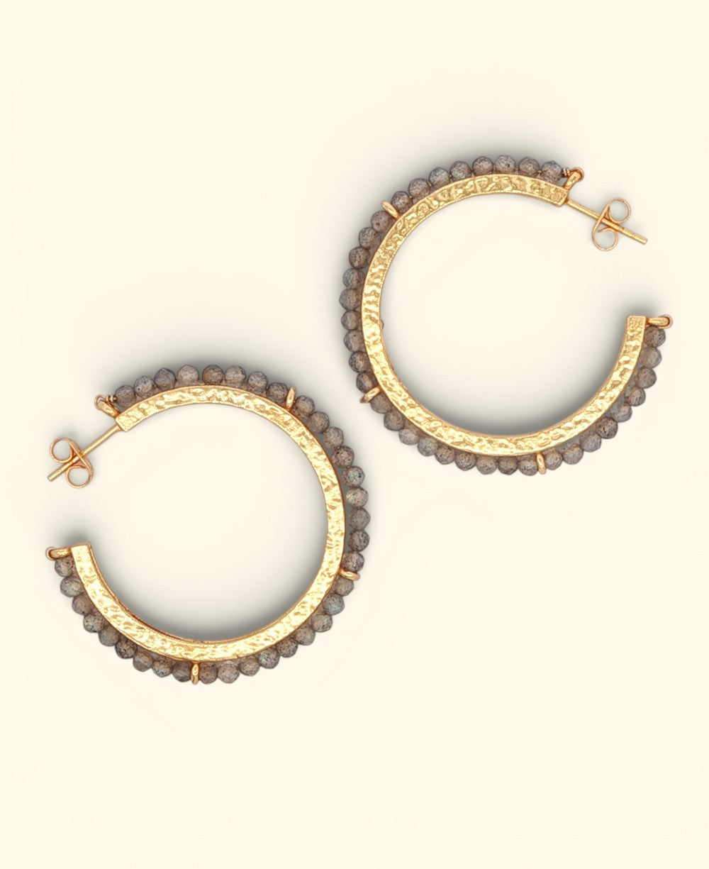 Labradorite Beaded Gold Hoop Earrings