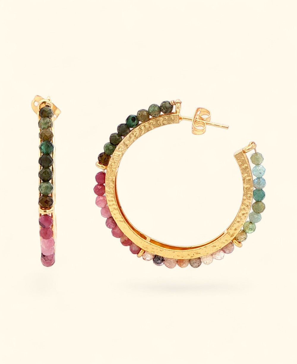 Tourmaline Gradient Hammered Gold Hoop Earrings