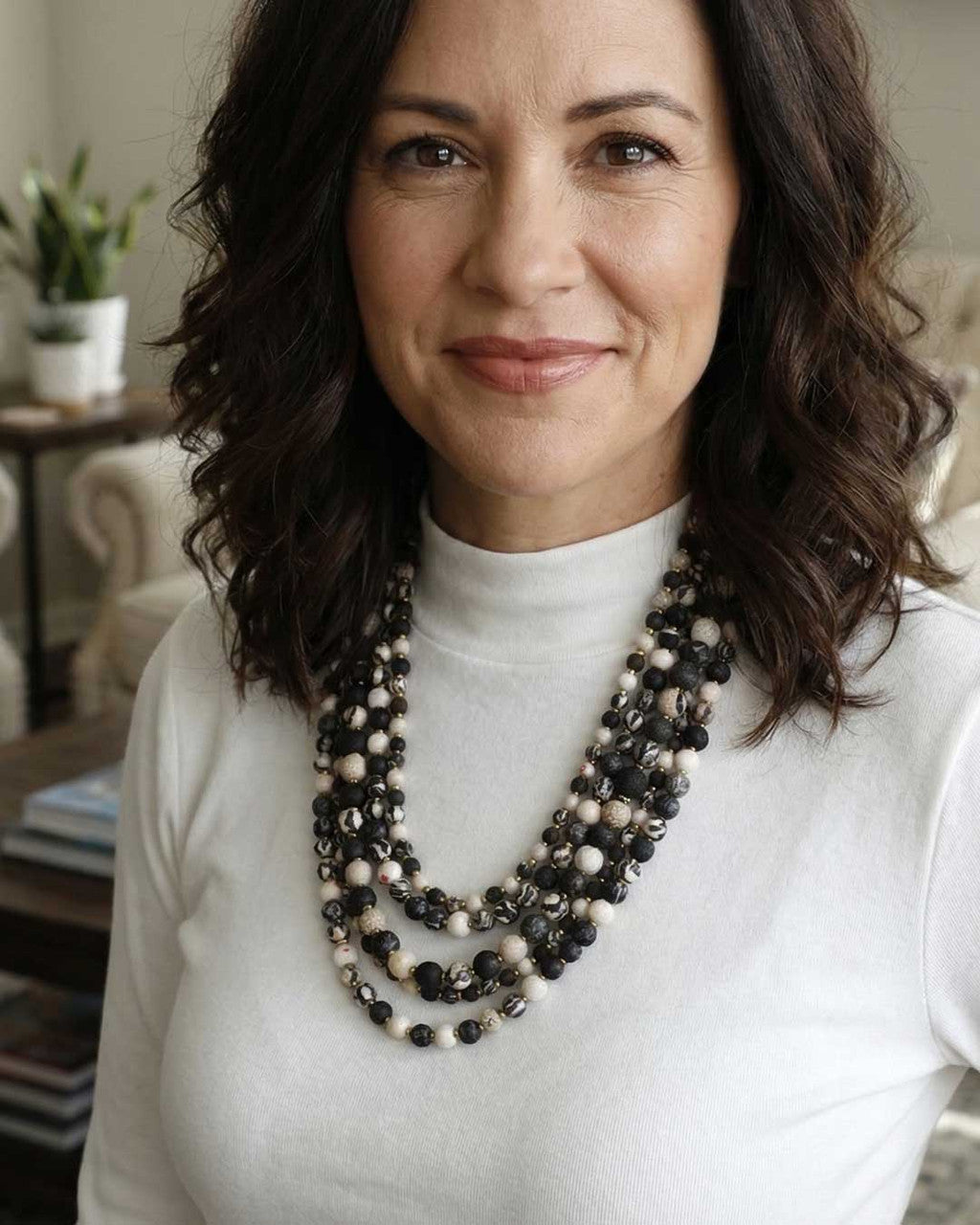 Layered Five-Strand Necklace, Black and Ivory