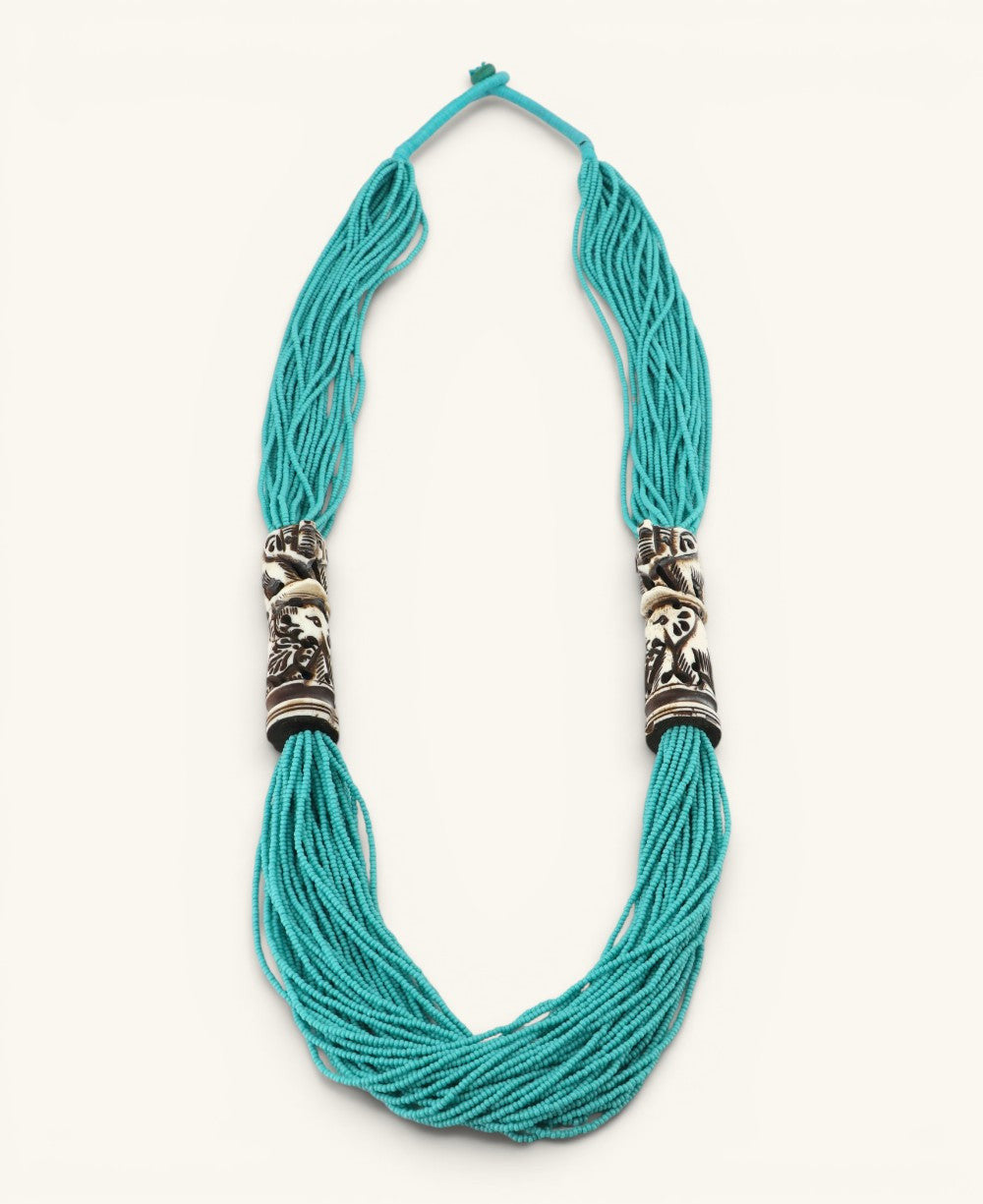 Turquoise Seed Bead Necklace with Carved Bone Elephants