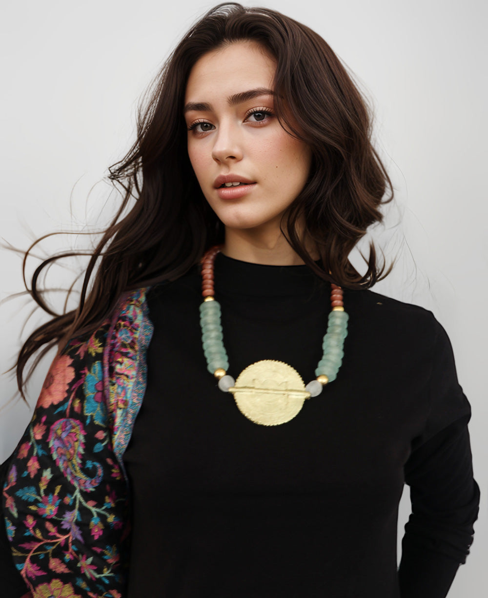 Hammered Brass Medallion Necklace with Aqua Glass