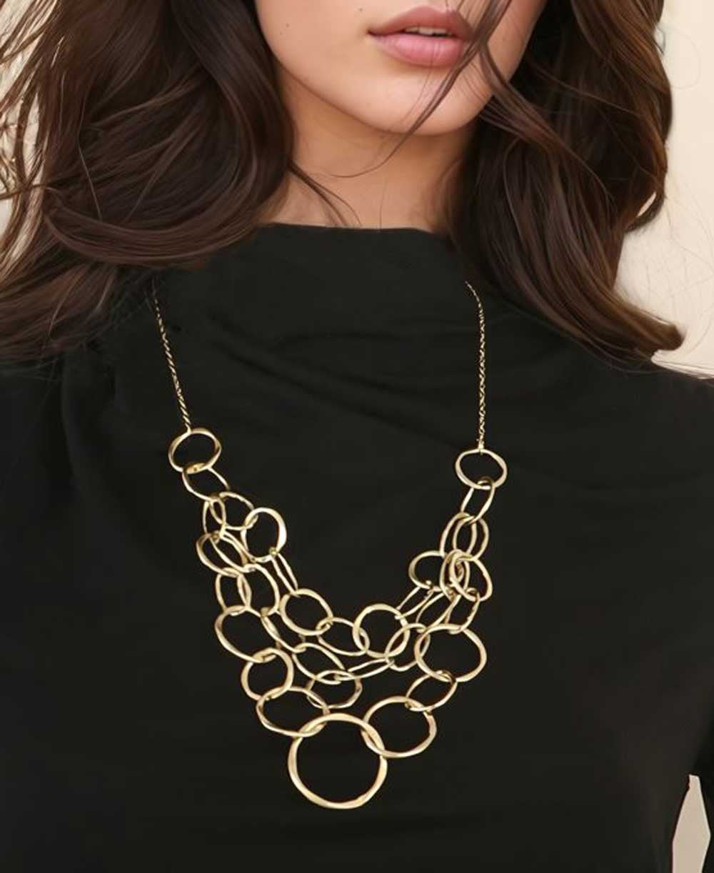 Cascading Hammered Ring Bib Necklace, Gold-Tone