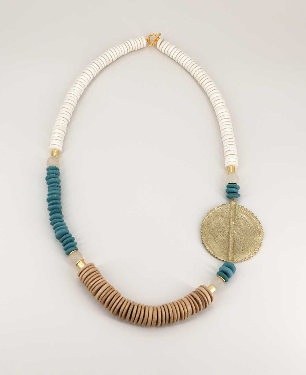 Asymmetric Brass Medallion Necklace with Bone and Teal Beads