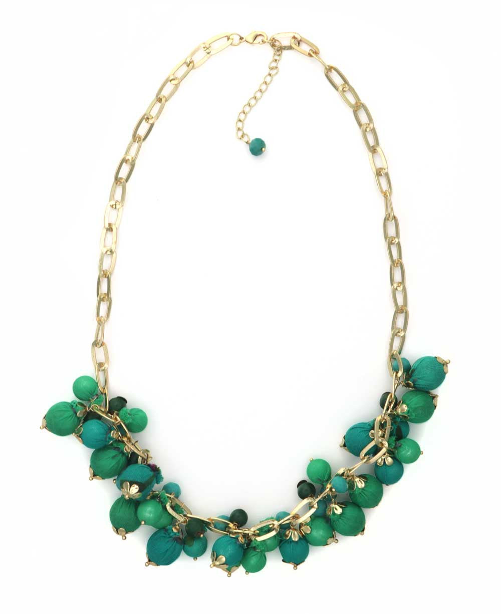 Fabric Bead Cluster Necklace in Green and Teal