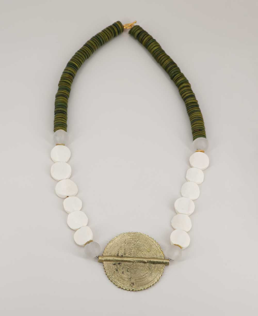 Brass Disc Necklace with Green and White Beaded Collar