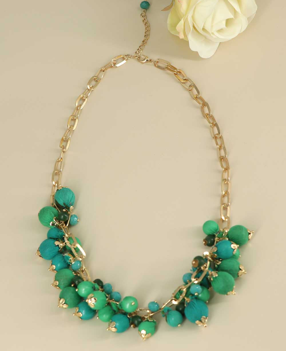 Fabric Bead Cluster Necklace in Green and Teal