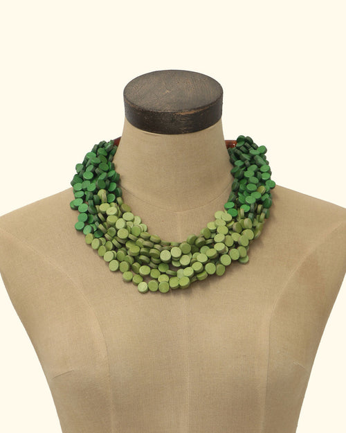 Twisted Multi-Strand Green Wood Disc Necklace