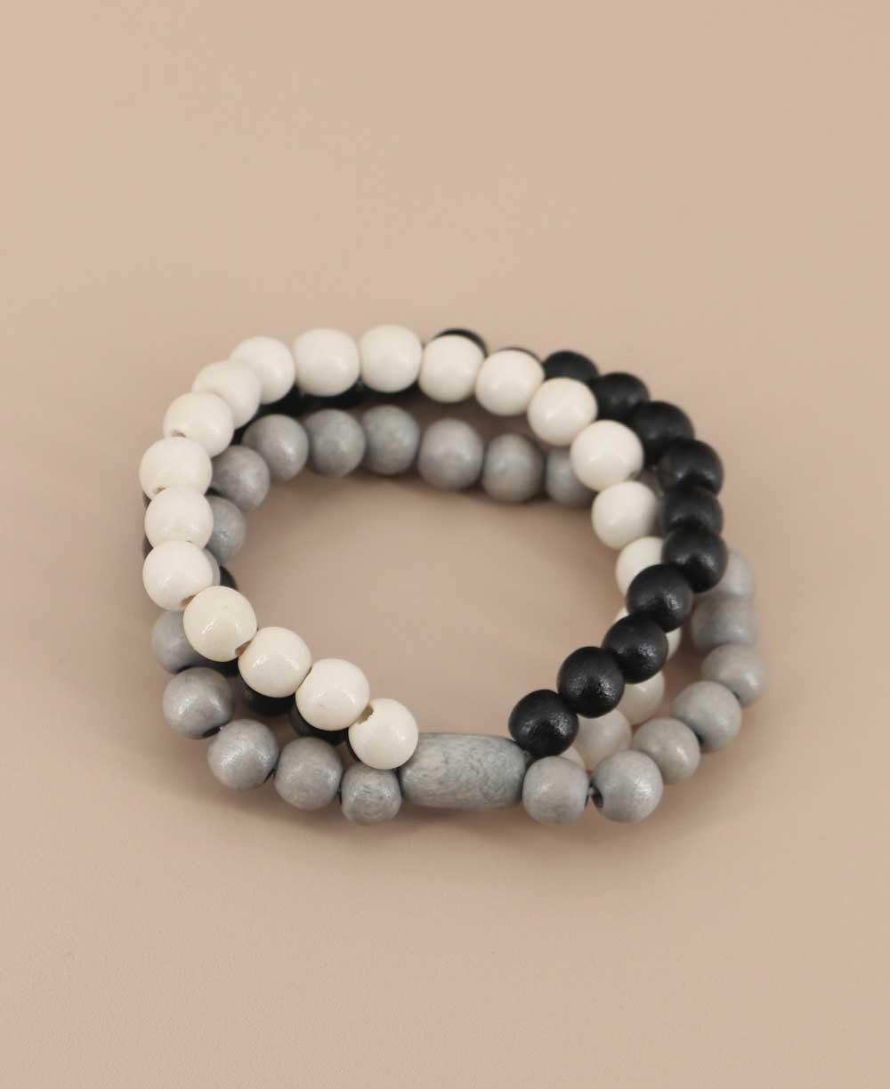 Monochrome Wood Bead Stretch Bracelet Set
