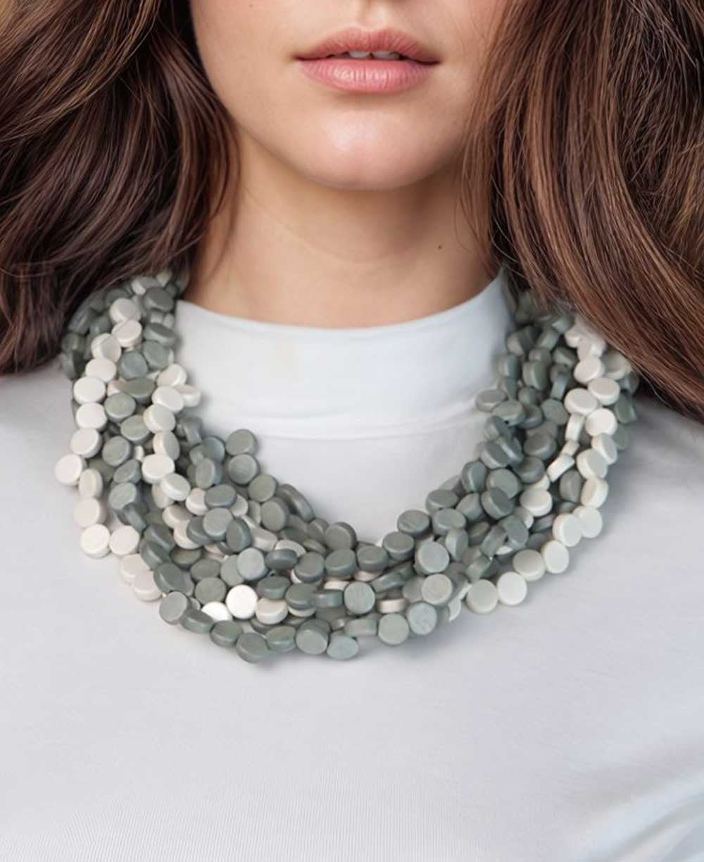 Nine-Strand Wood Disc Necklace, Gray and Cream