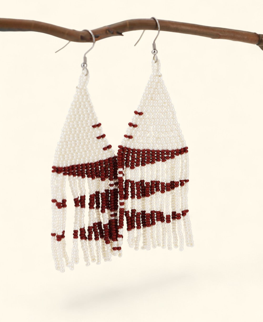 Cream and Crimson Beaded Fringe Earrings