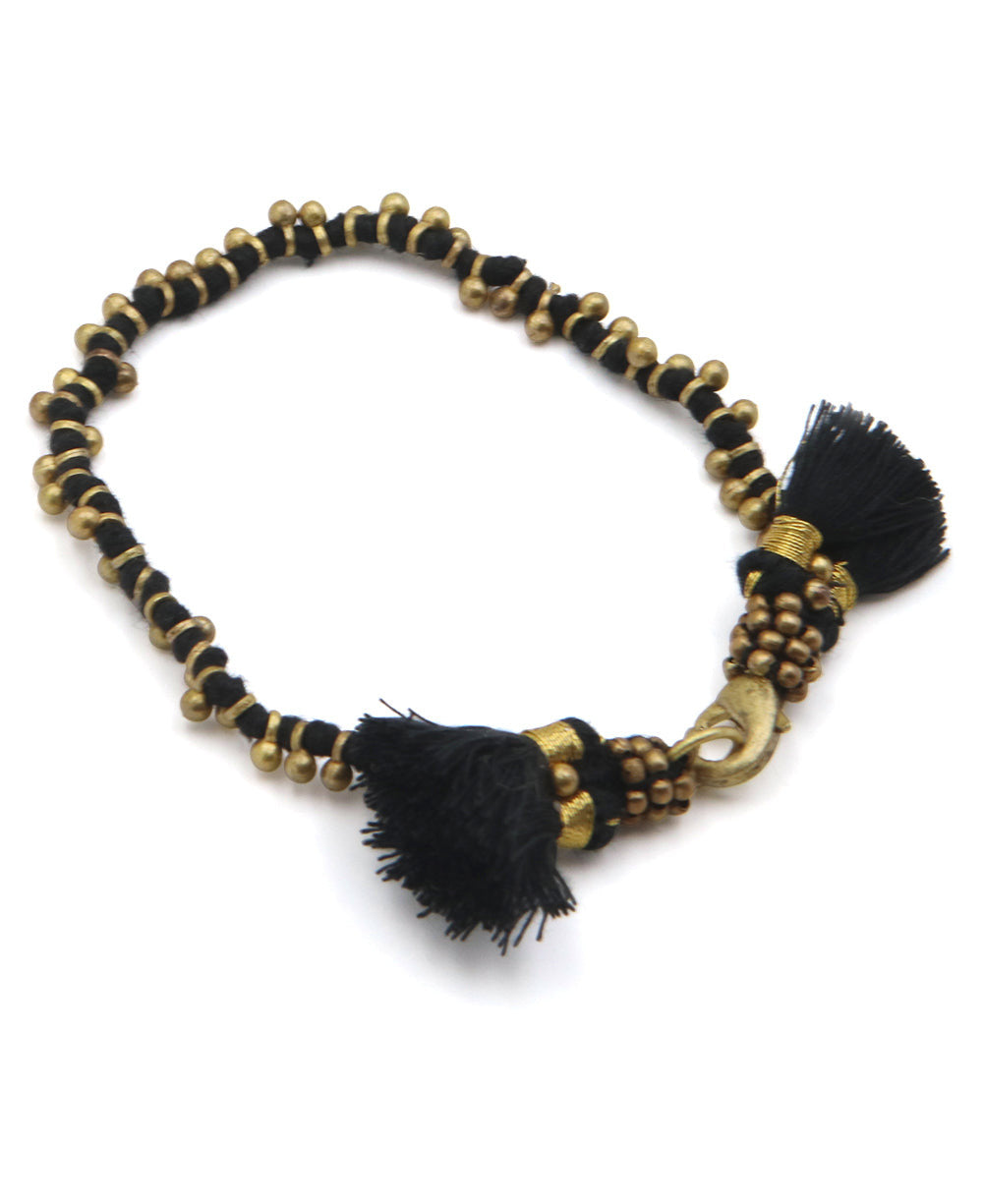 Beaded Brass Bracelet with Cotton Tassels
