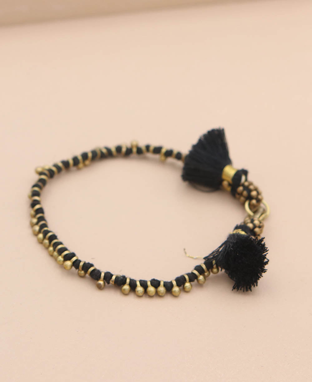 Beaded Brass Bracelet with Cotton Tassels
