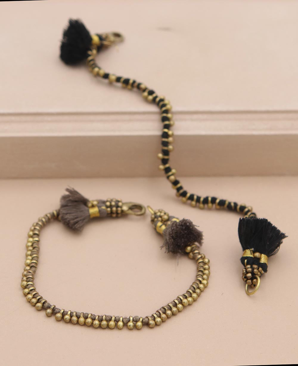Beaded Brass Bracelet with Cotton Tassels