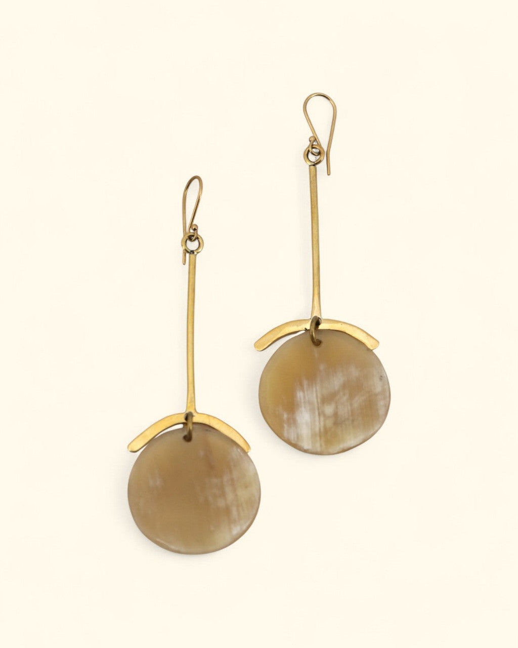 Long Brass Bar Earrings with Honey Horn Discs