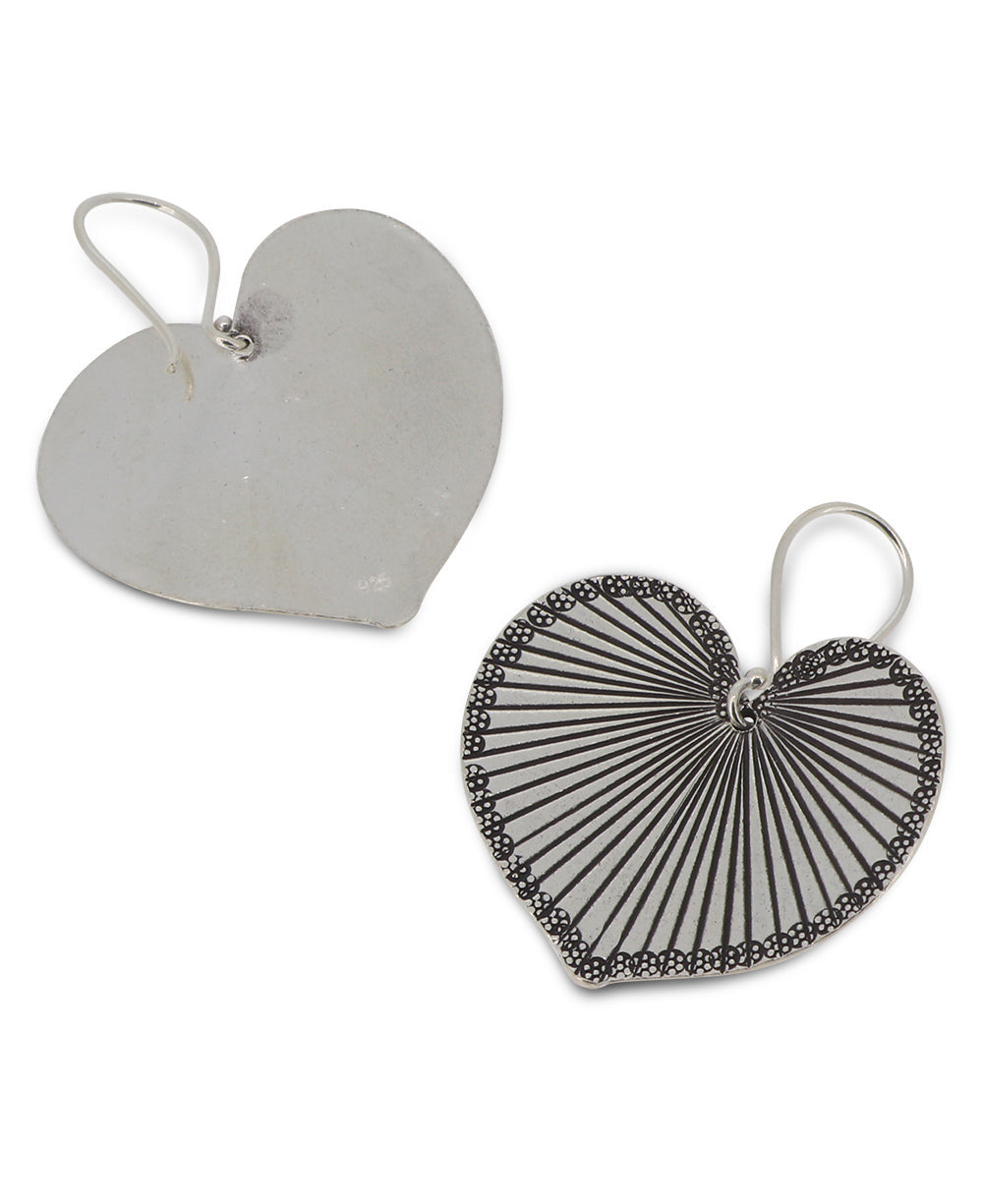 Hand-Engraved Silver Heart-Leaf Drop Earrings