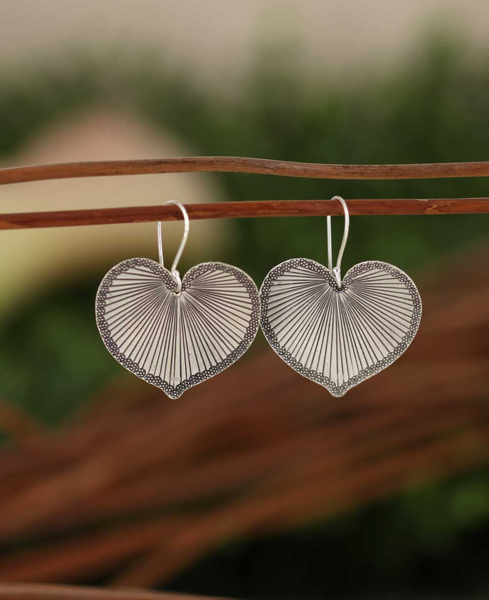 Hand-Engraved Silver Heart-Leaf Drop Earrings