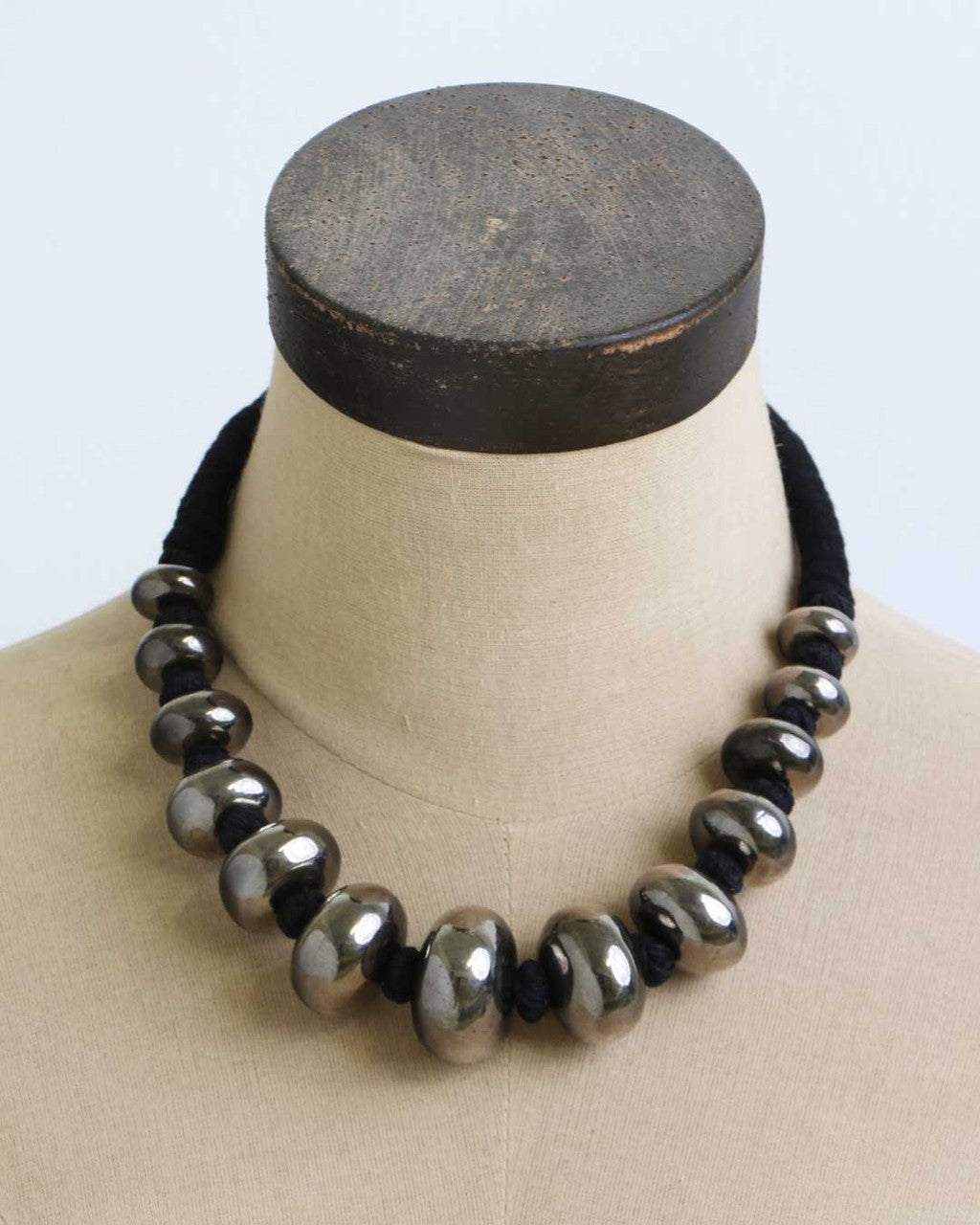 Graduated Gunmetal Bead Choker on Cotton Cord